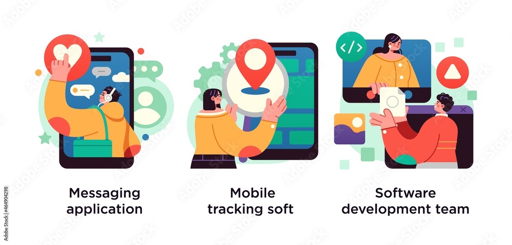 Poster smartphone application abstract concept vector illustration set. messaging application, mobile track