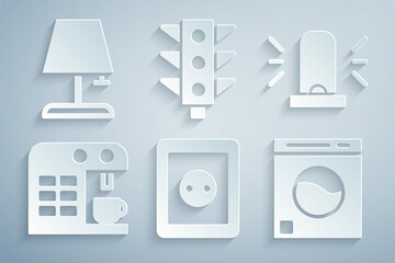 Set Electrical outlet, Flasher siren, Coffee machine, Washer, Traffic light and Table lamp icon. Vector