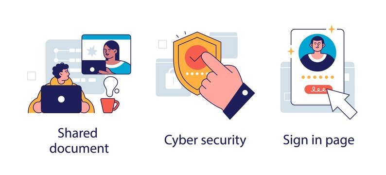 Cloud service access abstract concept vector illustration set. Shared document, cyber security, sign in page abstract metaphor.