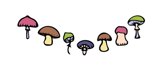 A set of mushrooms. Vector image. Set of colored mushrooms in doodle style, edible and inedible mushrooms. Template for creating compositions, printing patterns.