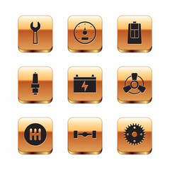 Set Wrench spanner, Gear shifter, Chassis car, Car battery, spark plug, key with remote, and Speedometer icon. Vector