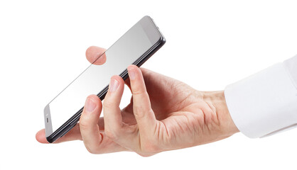 Smartphone in male hand, isolated on white background