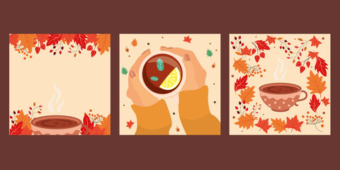 Autumn set of backgrounds. Autumn leaves, mug, mug in hands