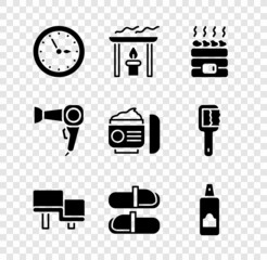 Set Sauna clock, Aroma candle, Hot sauna stones, wood bench, slippers, Spray for hairspray, Hair dryer and Cream lotion cosmetic tube icon. Vector