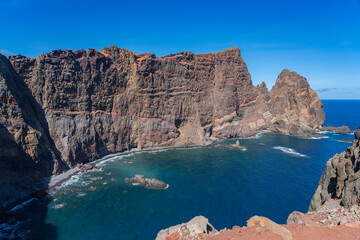 Sao Lourenco, Madeira, Portugal - view of bay and  rocky mountains (cliffs) emerging from the Atlantic ocean during a beautiful sunny day