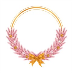 Christmas frame with pink leaves and golden decoration ball. Xmas frame with golden ribbon. Christmas ball, Xmas frame, round frame, pink pine leaves, snowflakes, golden ribbon, girly frame.