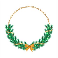 Xmas frame with green leaves and a golden ribbon. Christmas frame with red berries and snowflakes. Christmas golden ribbon, Xmas frame, green pine leaves, snowflakes, golden ribbons, holly berries.