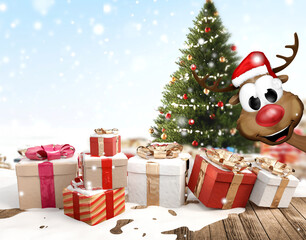 Christmas presents 3d-illustration background. festive Christmas gifts outdoor with snow and a happy deer character