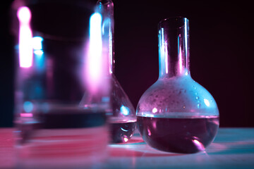 Test tubes flasks and petri dishes, laboratory glassware. Medicine and biological or chemical...