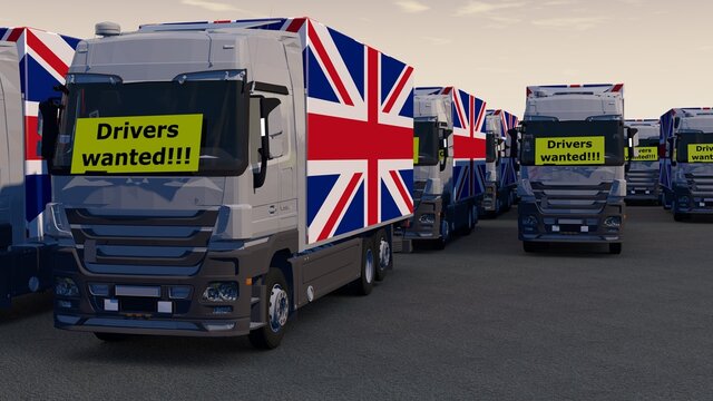 Trucks with a drivers wanted sign - Truck drivers shortage in the UK - british trade doesn&rsquo;t work - A lorry with a british flag - 3D render
