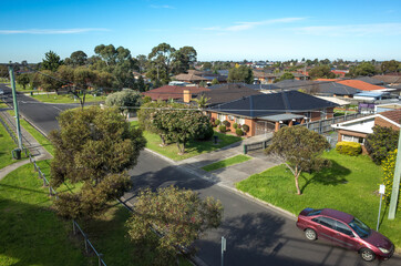 Fototapeta na wymiar Aerial view of an Australian neighborhood with many residential houses. Concept of real estate, housing, and residence. Melbourne, VIC Australia.
