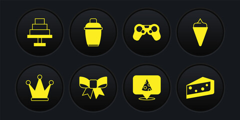Set Crown, Ice cream in waffle cone, Gift bow, Slice of pizza, Gamepad, Cocktail shaker, Piece cake and Cake icon. Vector