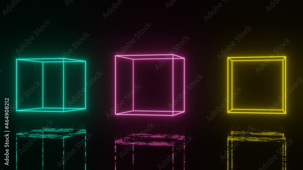 Poster animated neon multicolor cubes with reflections moving in dark space. abstract modern seamless loop 