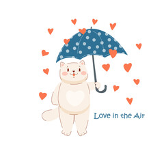 Valentine cat with heart and umbrella. Love rain. Enamored animal. Valentine's day cartoon cute sticker kitten. Stock vector illustration isolated on white background. 