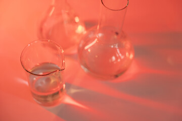 Test tubes flasks and petri dishes, laboratory glassware. Medicine and biological or chemical...