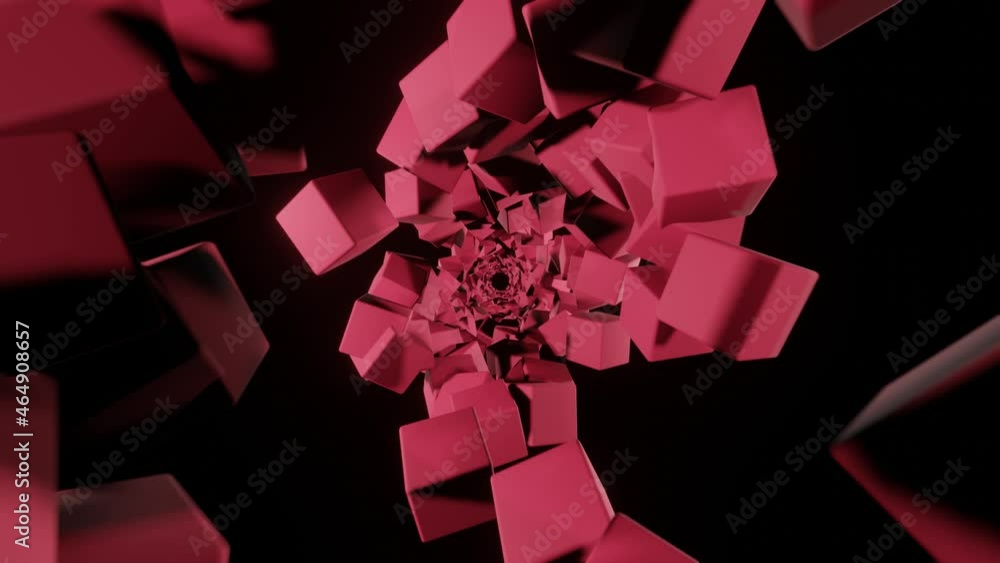 Poster pink cubes in abstract structure moving in a black space. 3d rendered futuristic motion graphic conc