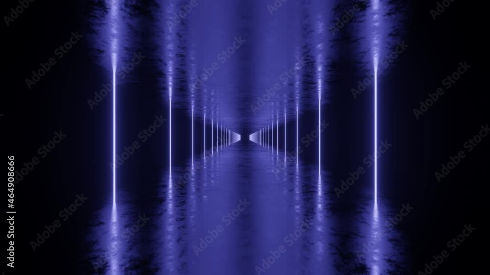 Poster vertical violet lights in abstract 3d rendered tunnel. light corridor in dark space with reflections