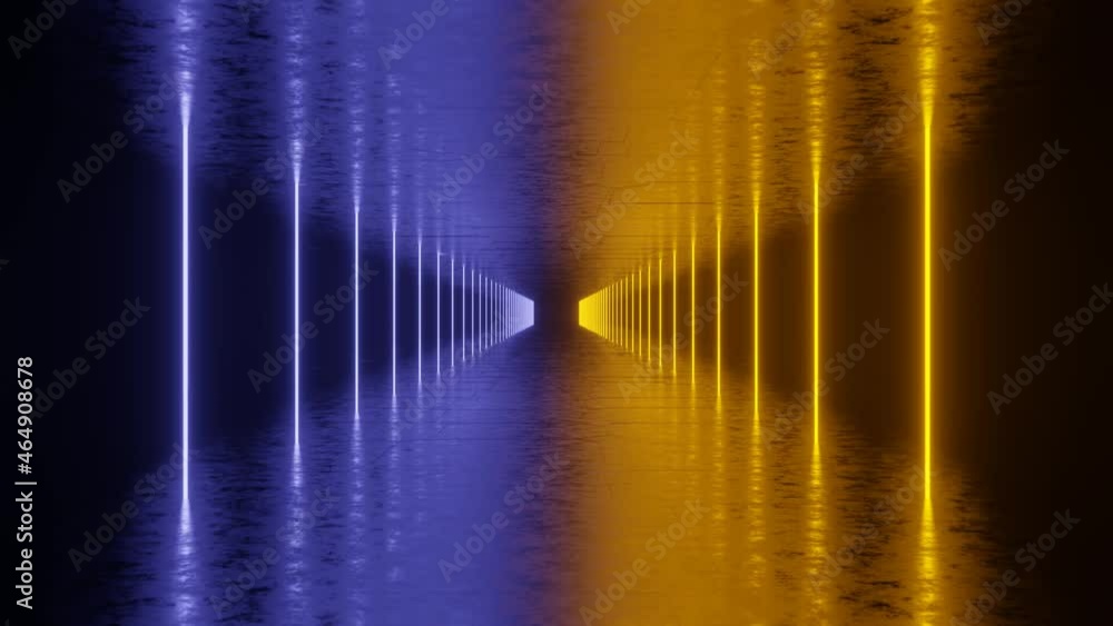 Poster vertical orange and violet lights in abstract 3d rendered tunnel. light corridor in dark space with 