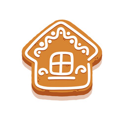 Christmas Gingerbread Cookie in Shape House, Cartoon Sweets, Decorated Pastry with Icing Graphic Design Element