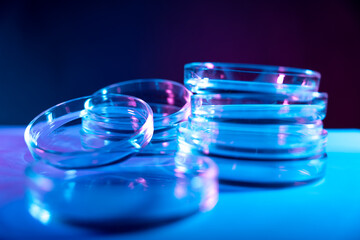 Test tubes flasks and petri dishes, laboratory glassware. Medicine and biological or chemical...