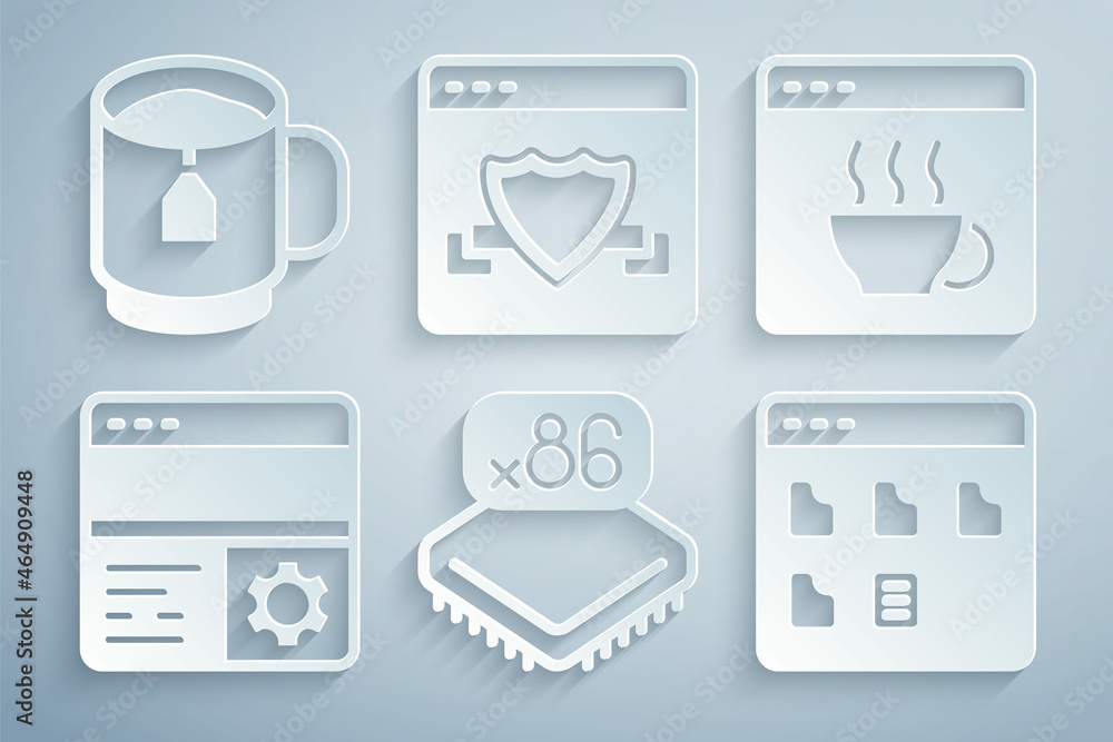 Poster set processor with microcircuits cpu, software, debugging, browser files, shield and cup tea tea bag