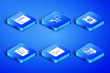 Set Computer, Code terminal, Software, Clipboard with checklist, Debugging and Mobile Apps icon. Vector