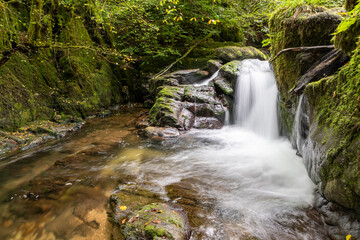 Obraz premium Long exposure of a waterfall on the Hoar Oak Water river flowing through the woods at Watersmeet in Exmoor National Park