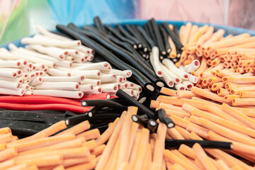 Sweet colored candies rope string shaped sweets.