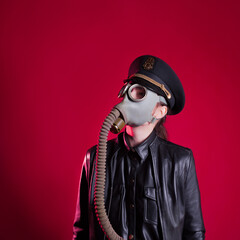An evil Character in black leather clothes and a military cap
