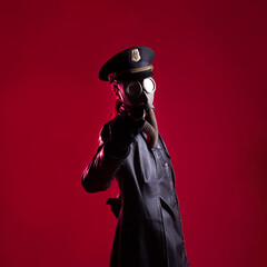 An evil Character in black leather clothes and a military cap