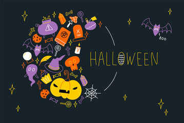 A flat illustration for Halloween. Yellow lines on a black background. The inscription is halloween and boo. Pumpkin, bat, candy, skull, magic items, candle.