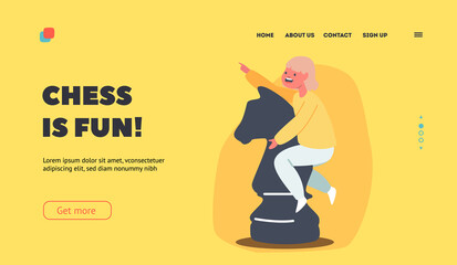 Chess is Fun Landing Page Template. Little Girl Sitting on Huge Horse Figure Playing Chess. Child Enjoying Tactics Game