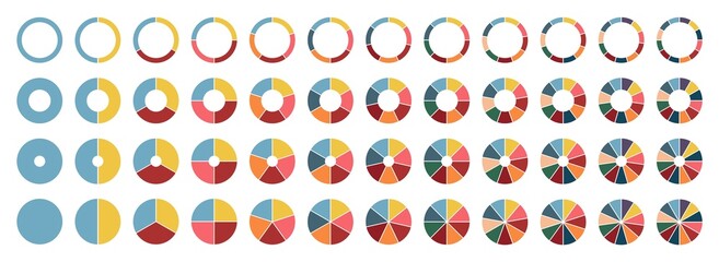 Circle pie chart. 2,3,4,5,6,7,8,9,10,11,12 sections or steps. Flat process cycle. Progress sectors.
