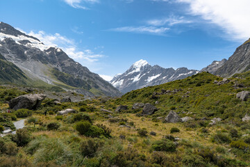 Naklejka na ściany i meble Pathway through Hooker Valley Track in Aoraki Mt Cook National park towards NZ highest mountain in the Southern Alps