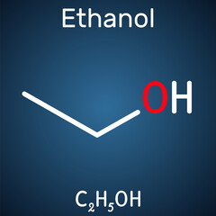 Ethanol, C2H5OH molecule. It is a primary alcohol, an alkyl alcohol. Structural chemical formula on the dark blue background