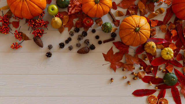 Fall flat lay with leaves, Gourds and Fruits. Thanksgiving concept with copy space.