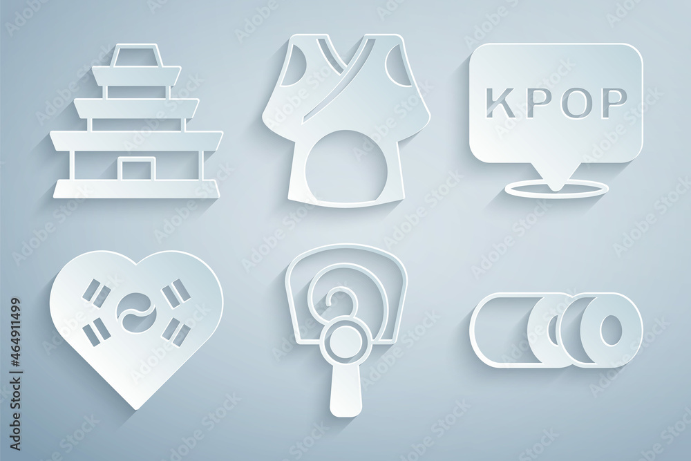 Poster set korean hand fan, k-pop, love with heart, sushi, kimono and temple icon. vector