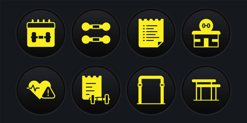 Set Heart rate, Gym building, Sport training program, horizontal bar, Dumbbell, Uneven bars and Calendar fitness icon. Vector