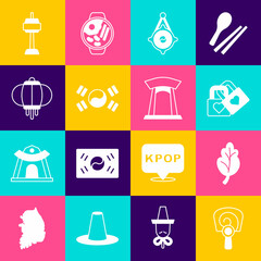 Set Korean hand fan, Kimchi, Lock with heart, lantern, South flag, N Seoul tower in and gate icon. Vector