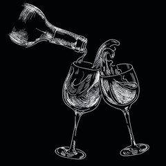 Bottle wine with two glasses, chalk hand drawn isolated on dark background. Concept for logo, menu , cards 
