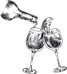 Bottle wine with two glasses, hand drawn sketch vector. Concept for menu, cards, print 