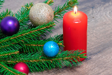 spruce branches, candle,christmas background