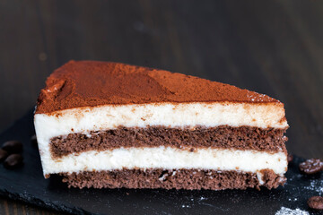 chocolate cake with cream layers, close up