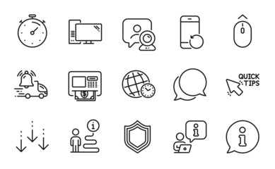 Technology icons set. Included icon as Video conference, Computer, Scroll down signs. Chat message, Delivery notification, Swipe up symbols. Security, Timer, Quick tips. Atm, Time zone. Vector