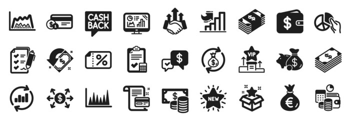 Obraz premium Set of Finance icons, such as Money transfer, Deal, Survey checklist icons. Loyalty program, Money exchange, Growth chart signs. Line graph, Update data, Coins banknote. Vip podium, Dollar. Vector