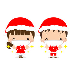 【クリスマス】サンタの服を着た男の子と女の子のイラスト