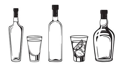 alcohol drinks bottles engraving vector set. Vodka, whiskey and cognac. Isolated black and white vintage style . - 464912406