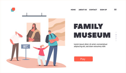 Fototapeta na wymiar Family Museum Landing Page Template. People Enjoying Creative Artworks in Art Gallery. Father with Children on Exhibits