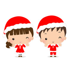 【クリスマス】サンタの服を着た男の子と女の子のイラスト
