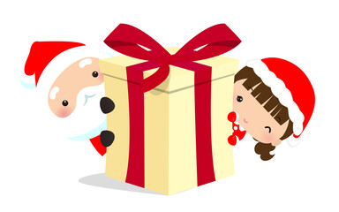 クリスマスのプレゼントからひょっこり顔を出すサンタと女の子のイラスト